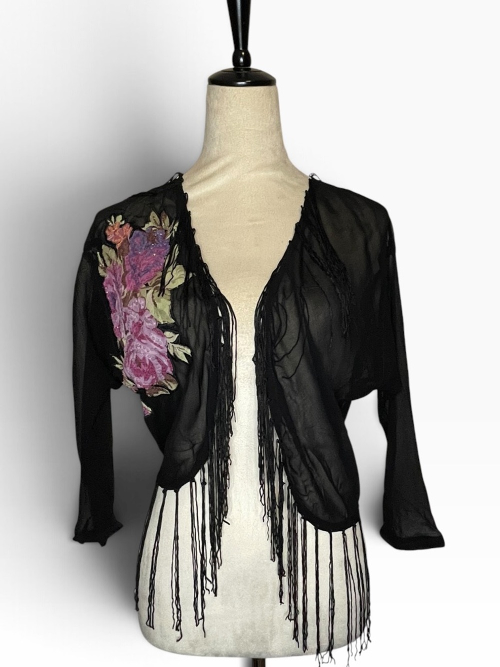 TEMPTATION 90’s Black Sheer Floral Embroidered Fringe Bolero Cape Top – Size M